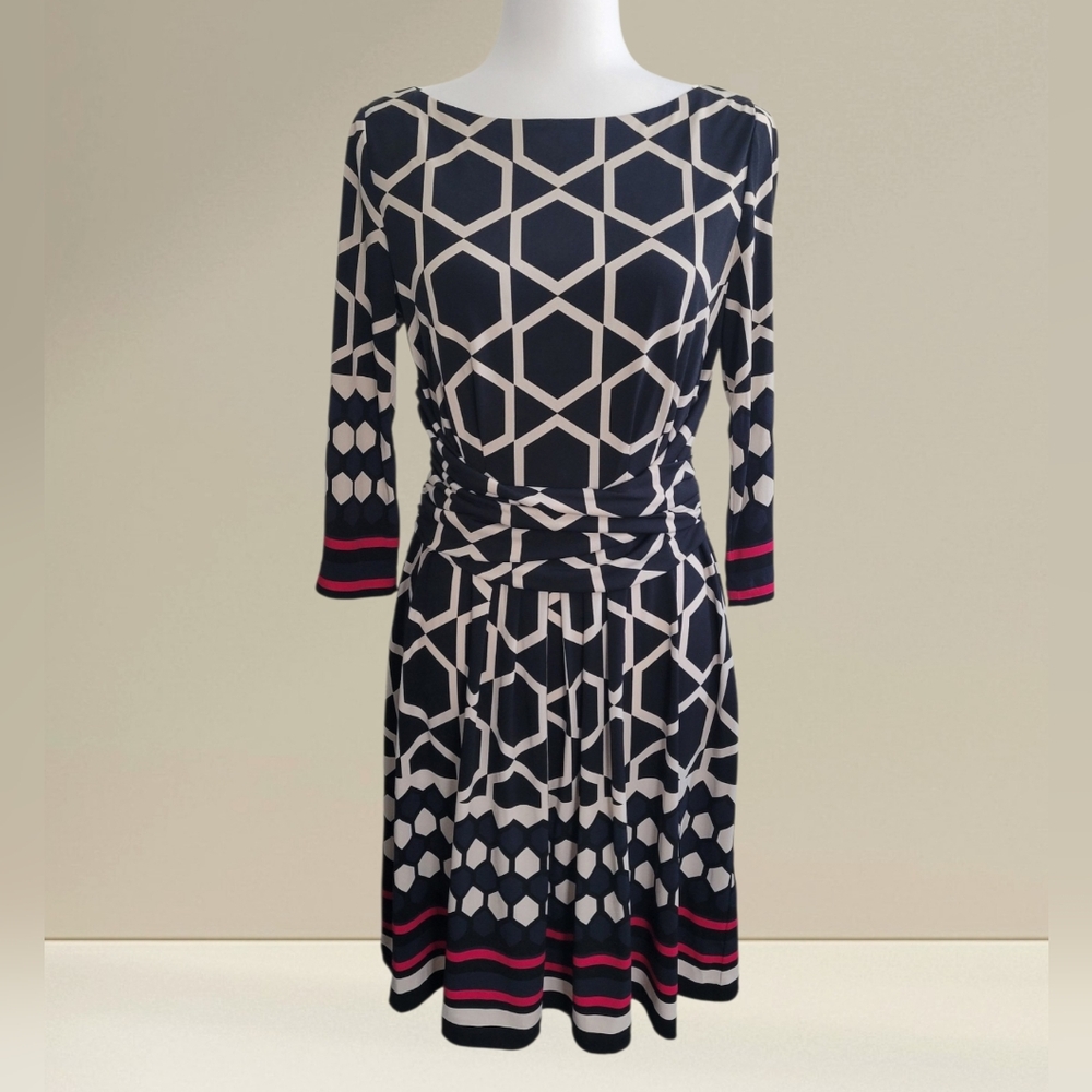 Eliza J Black and Cream Geometric 3/4 Sleeve Dress, NWT, Women's Size 10